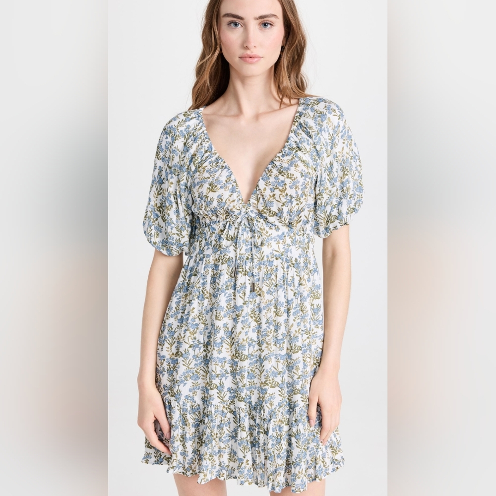 Minkpink Juniper mini dress NEW linen blend puff sleeve flowy floral shopbop